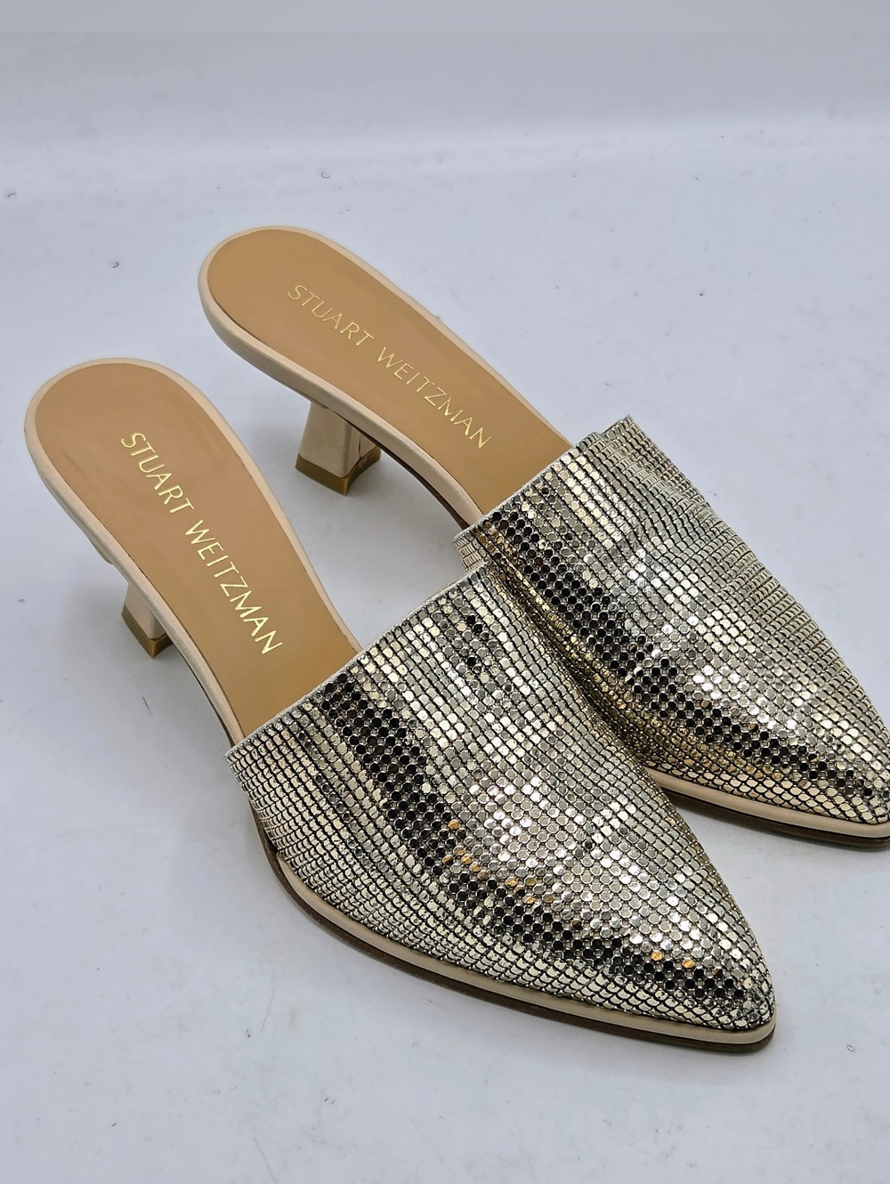 Stuart Weitzman Svelt Pipe "Roman Mail" Metallic Mules Size 6 M - Picture 16 of 16